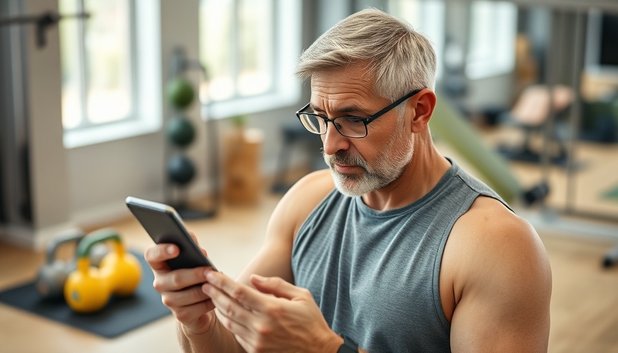 Person tracking metabolic health with smartphone app in gym setting.