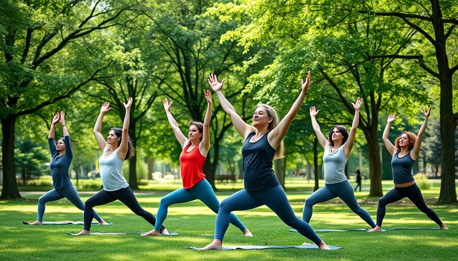 Women practicing yoga in the park for Alabama obesity prevention.