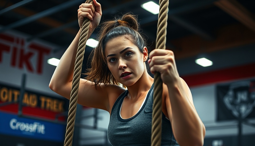 Female athlete climbing rope at CrossFit Open event.