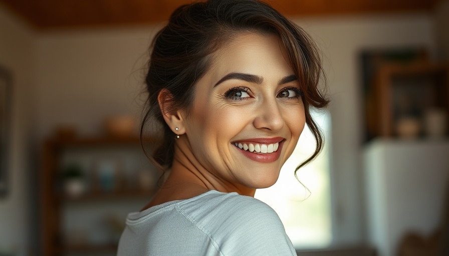 Smiling woman in red sweater indoors, natural light setting.