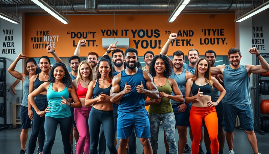 Group of fitness enthusiasts posing in a gym, promoting nutrition and fitness.