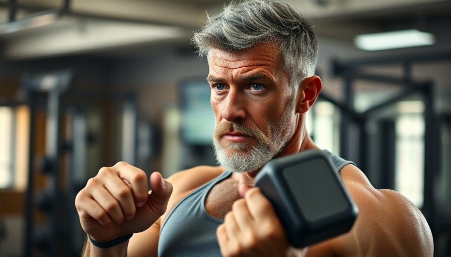 Focused older man exercising with a dumbbell in a gym