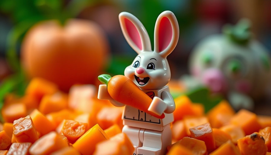 LEGO bunny with carrot on diced carrots; playful plant-based theme