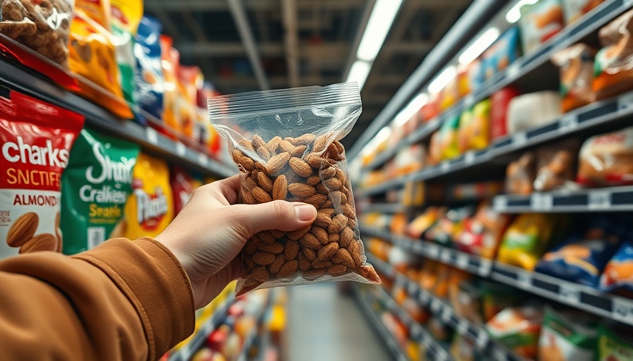 Hand picking added-sugar-free almonds from grocery store shelf.