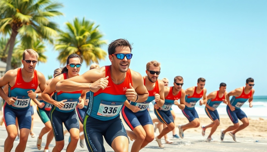 Triathletes starting race on beach in triathlon gear. Triathlon recovery strategies