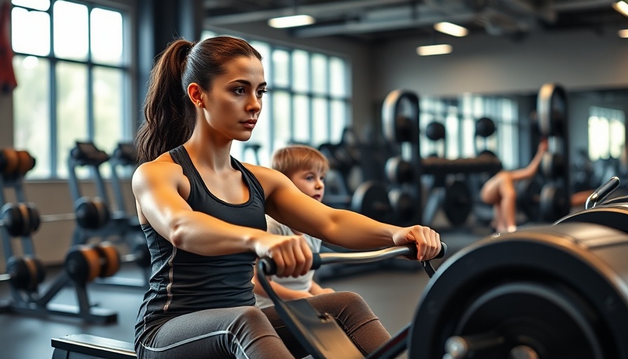 Enjoyable exercise for better fitness results: woman rowing, child in gym.