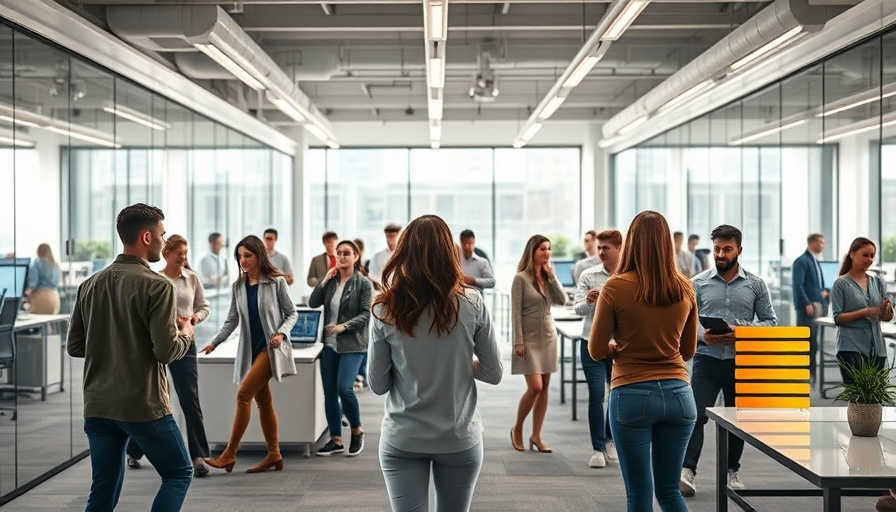 Employees in an office display calories burned at work amidst activity.