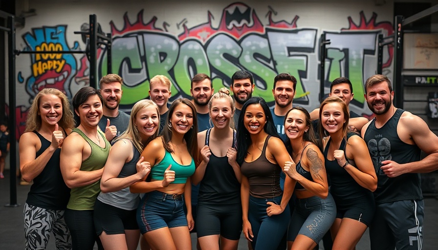 CrossFit community posing in gym with mural backdrop, engaging scene.