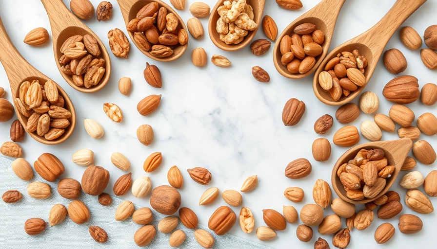 Assorted 100 calorie portions of different nuts on spoons and marble.