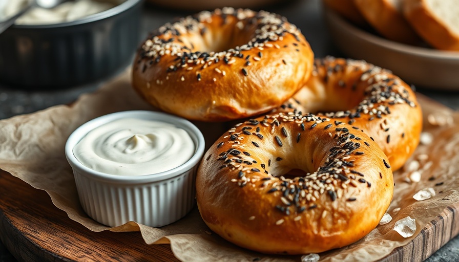 Golden high protein bagels with seeds and cream cheese.