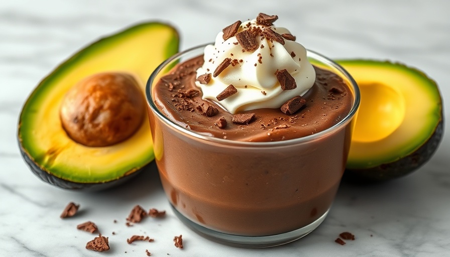 Luscious chocolate avocado pudding with whipped cream and avocado.