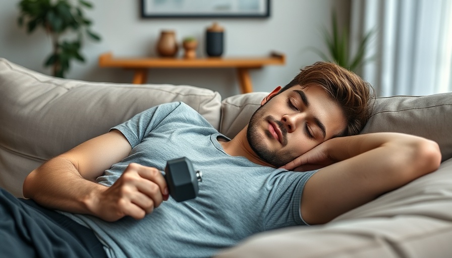 Young man sleeping with dumbbell on couch, calories burned while sleeping concept.