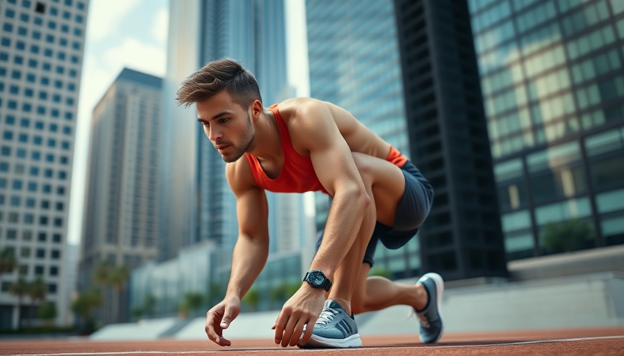 Athletic runner ties shoes for no warmup sprints in urban setting.