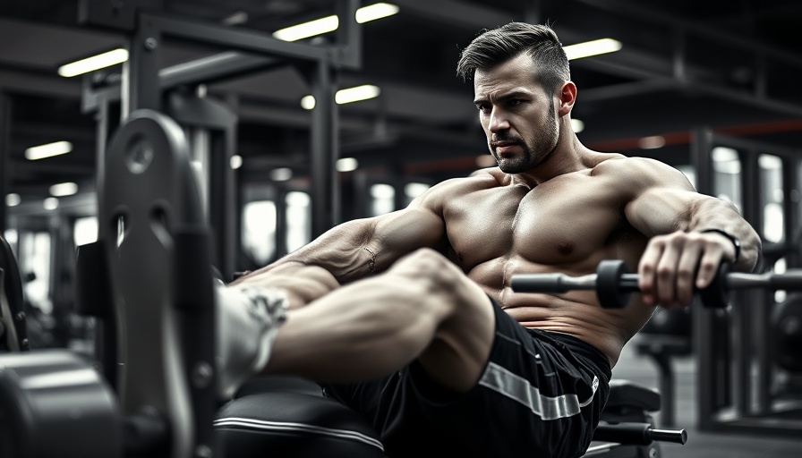 Muscular man doing leg press exercise in gym, focused expression.
