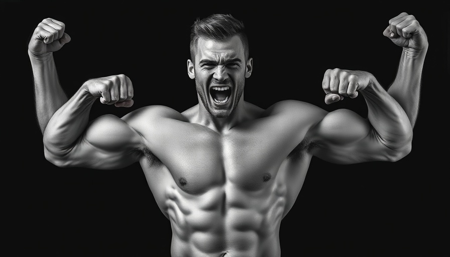 Muscular athlete flexing triumphantly during PHAT Workout.