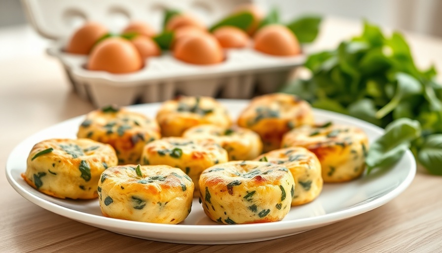 Mediterranean egg bites on white plate with eggs, spinach