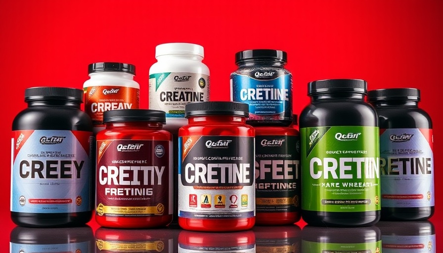 Best creatine supplements for muscle growth: various product jars on a red background.