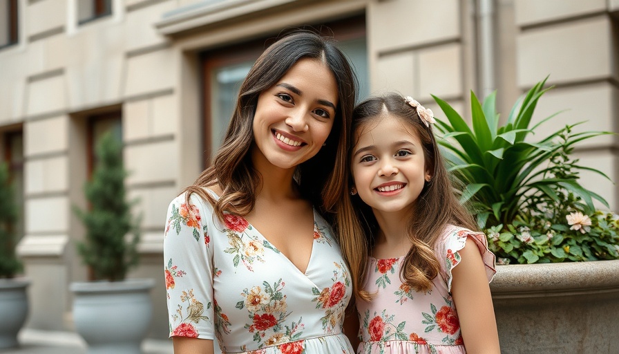 Woman and young girl in floral dresses, smiling outdoors.