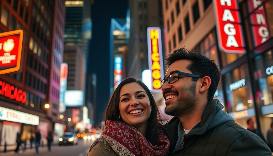 Chicago nightlife scene with a smiling couple outside.