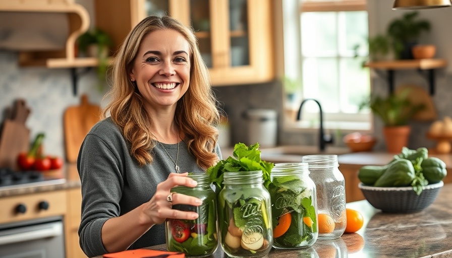 Smiling woman making mason jar salad in a cozy kitchen.