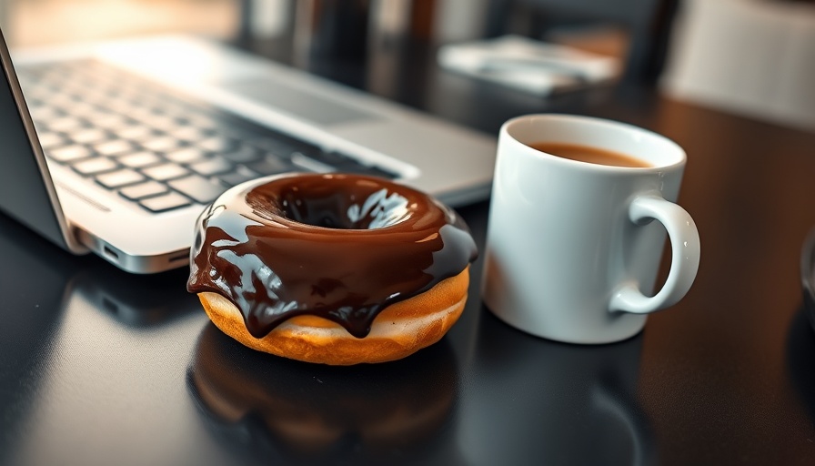 Chocolate donut with coffee next to a laptop, cozy setting.