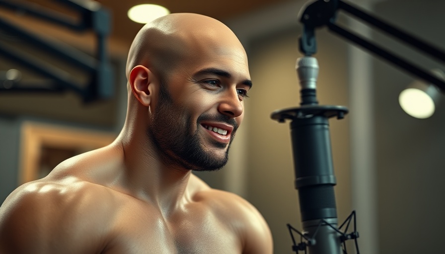 Muscular man discussing free weights vs. machines in podcast studio.