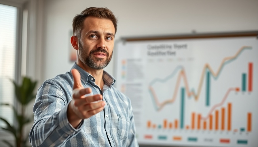 Man presenting gym membership growth system statistics with chart.