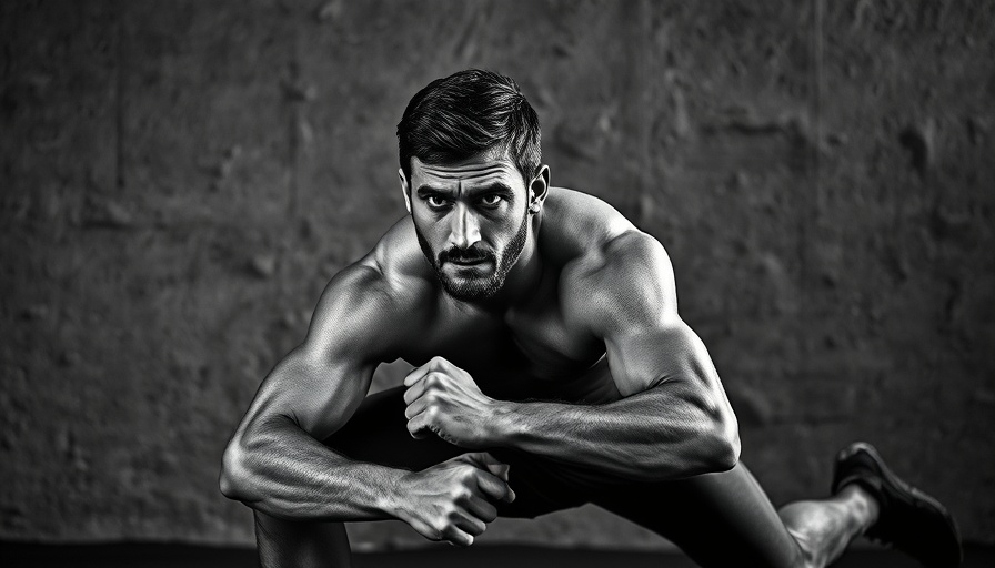 Focused man doing a lunge exercise, motivational backdrop.