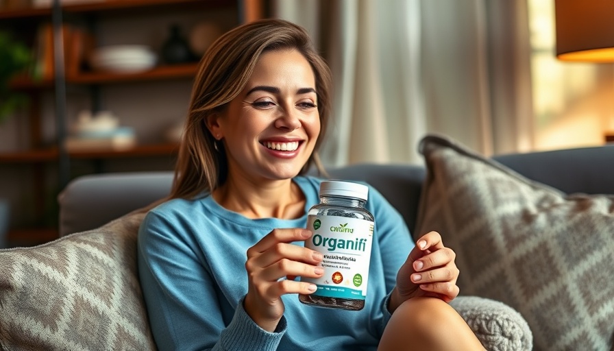 Woman holding Organifi Creatine Gummies in a cozy setting.
