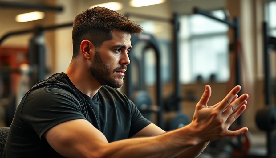 Focused male discussing weightlifting in gym setting.