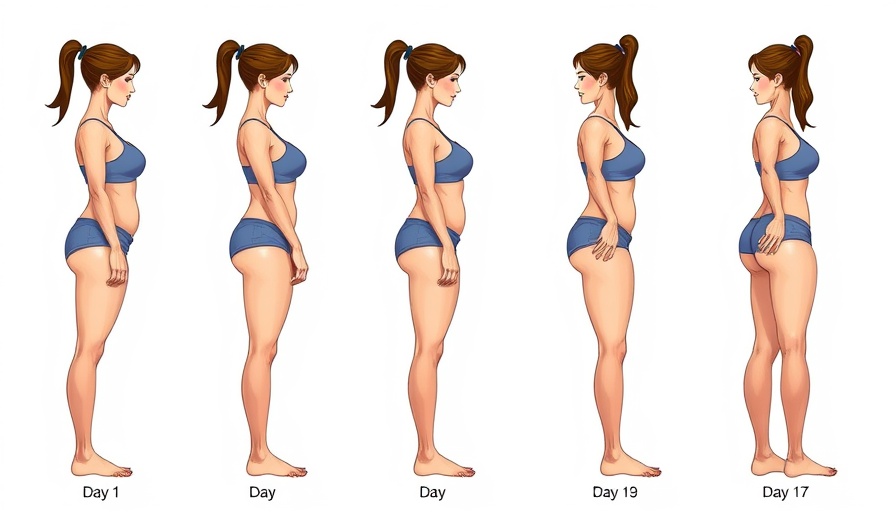 Illustrated belly fat loss progression over 14 days, showing workout impact.