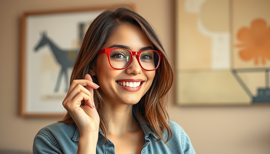 Woman holding eyewear indoors with art background.