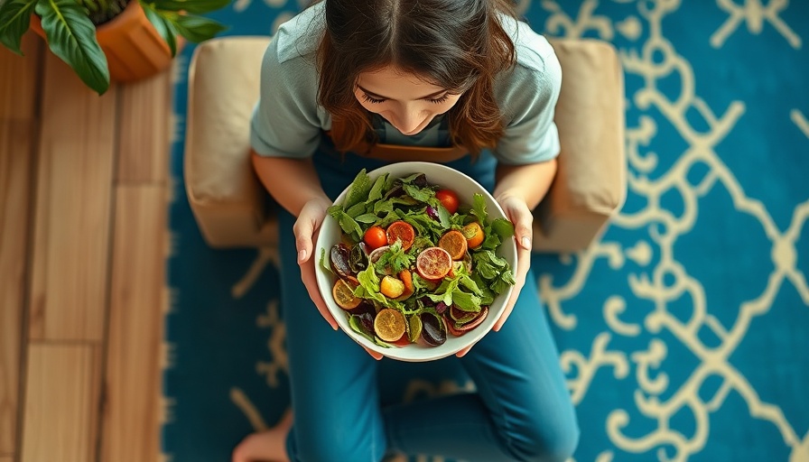 Young woman with salad bowl seated indoors, colorful rug.