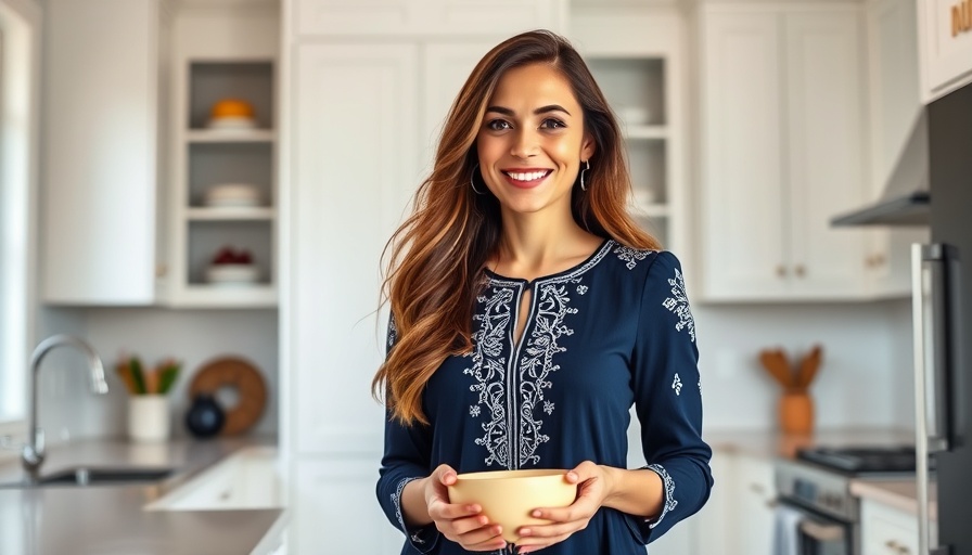 Woman in kitchen holding bowl, superfood recipes inspiration.