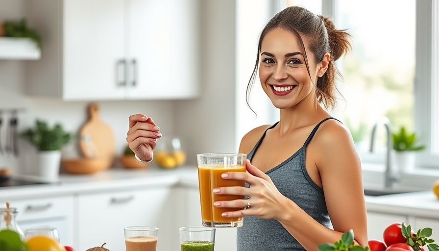 Woman preparing ingredients for post-workout smoothies in kitchen