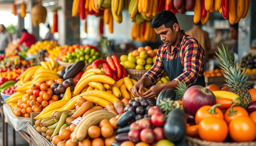 Market stall with vibrant fruits like melons and pineapples.