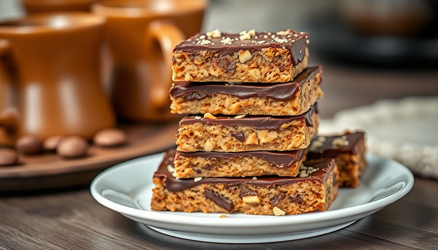Stacked peanut butter protein bars with chocolate topping, gluten-free recipe.