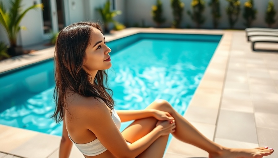 Young woman by pool embracing serenity, a scene of health and positivity.