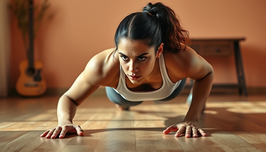 Woman doing a plank during a 30-minute high intensity workout indoors.
