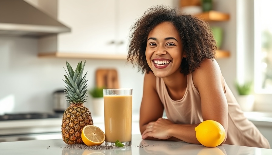 Cheerful woman with smoothie in kitchen discussing weight loss resistance.