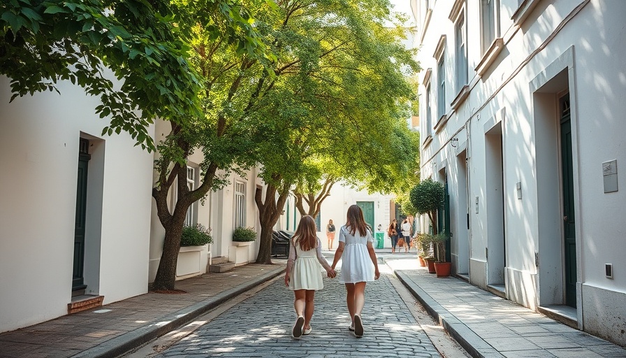 Two girls walking on a cobblestone street beside white buildings.