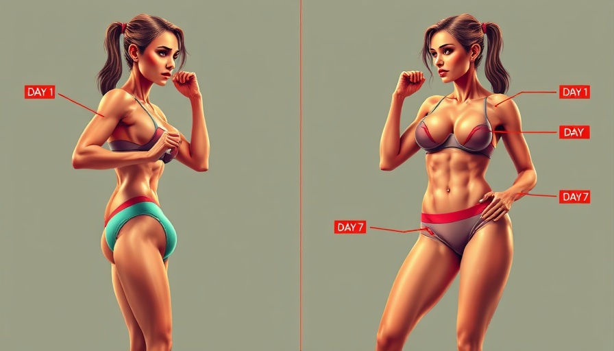 Illustrated workout transformation showing muscle gain over a week.