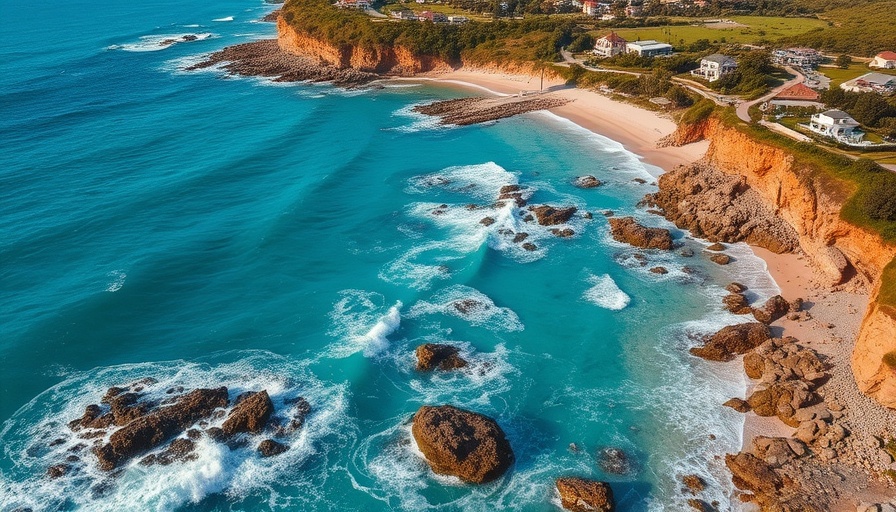 Aerial view of a coastal town with ocean and greenery.