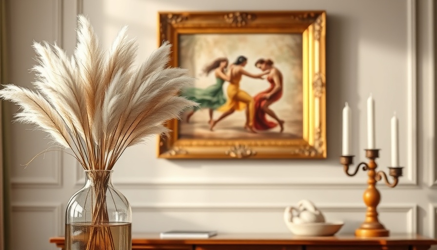 Elegant interior with vase and framed painting on shelf.