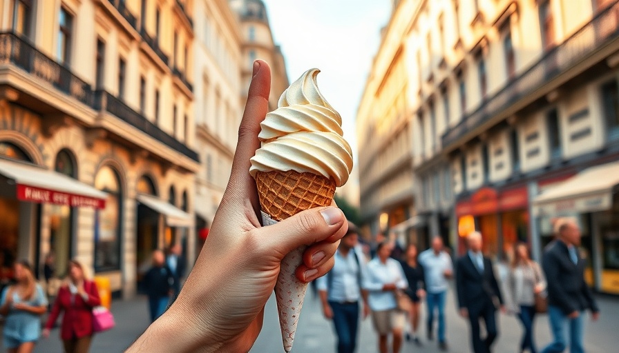 Refreshing ice cream cone on a lively city street.