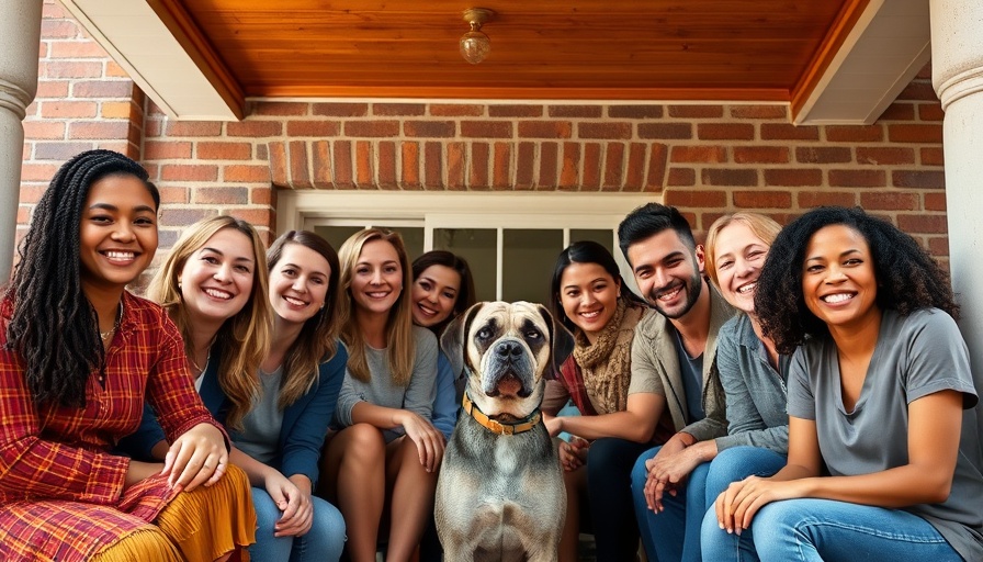 Happy group gathering on a porch with a dog, casual and cozy setting.