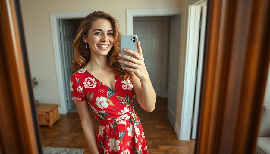 Woman in floral dress mirror selfie, bright room.