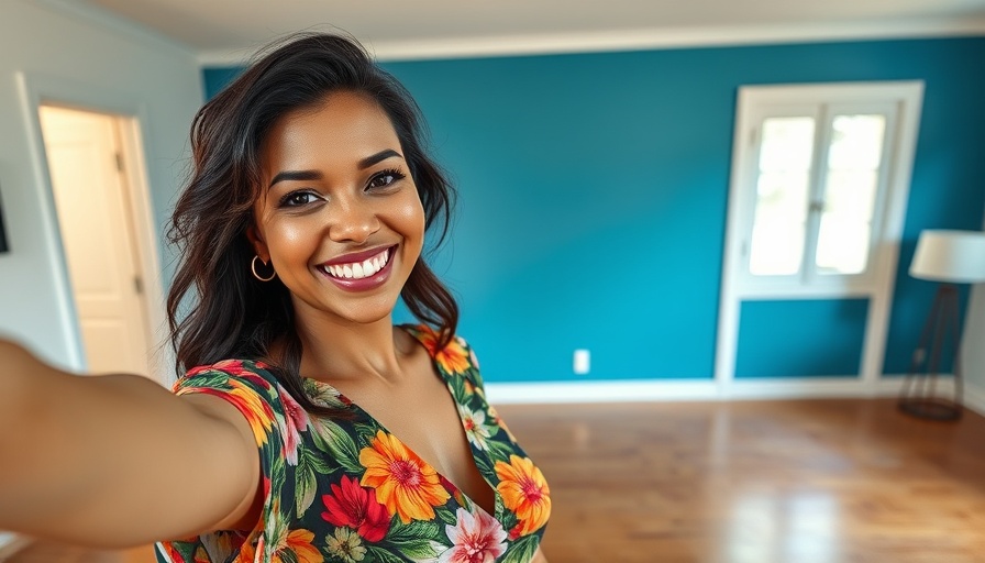 Woman in floral dress taking selfie in well-lit room.