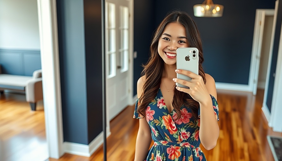 Young woman in floral dress indoors, mirror selfie.