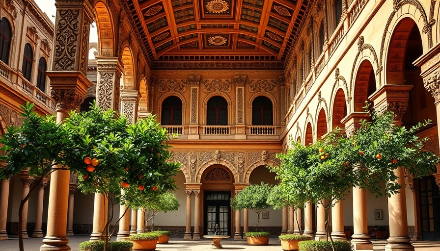 Majestic Moorish courtyard in Seville showcasing historical architecture.